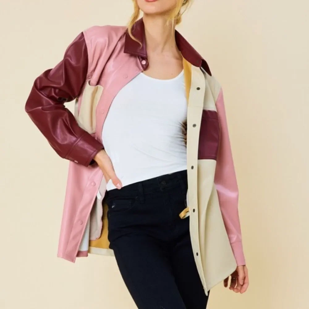 Color Block Faux Leather Shacket - Picture 3 of 5